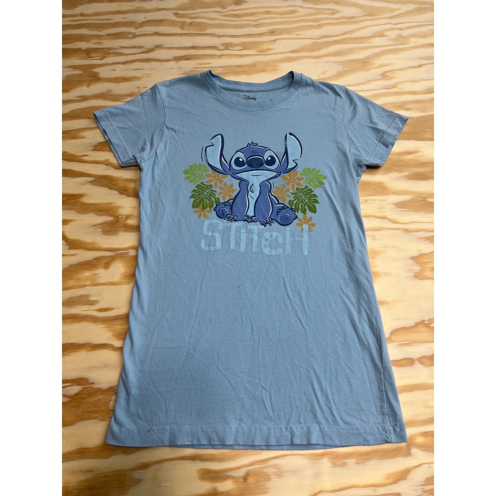 Disney Lilo & Stitch Graphic T-Shirt Light Blue Floral Cotton Tee Large